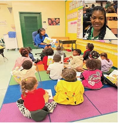 Westside Gazette feature photo showing a classroom reading activity with an inset portrait of Dr. Mary Smith