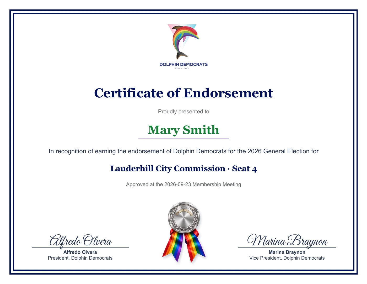 Dolphin Democrats Certificate of Endorsement for Mary Smith, Lauderhill City Commission Seat 4, approved September 23, 2026